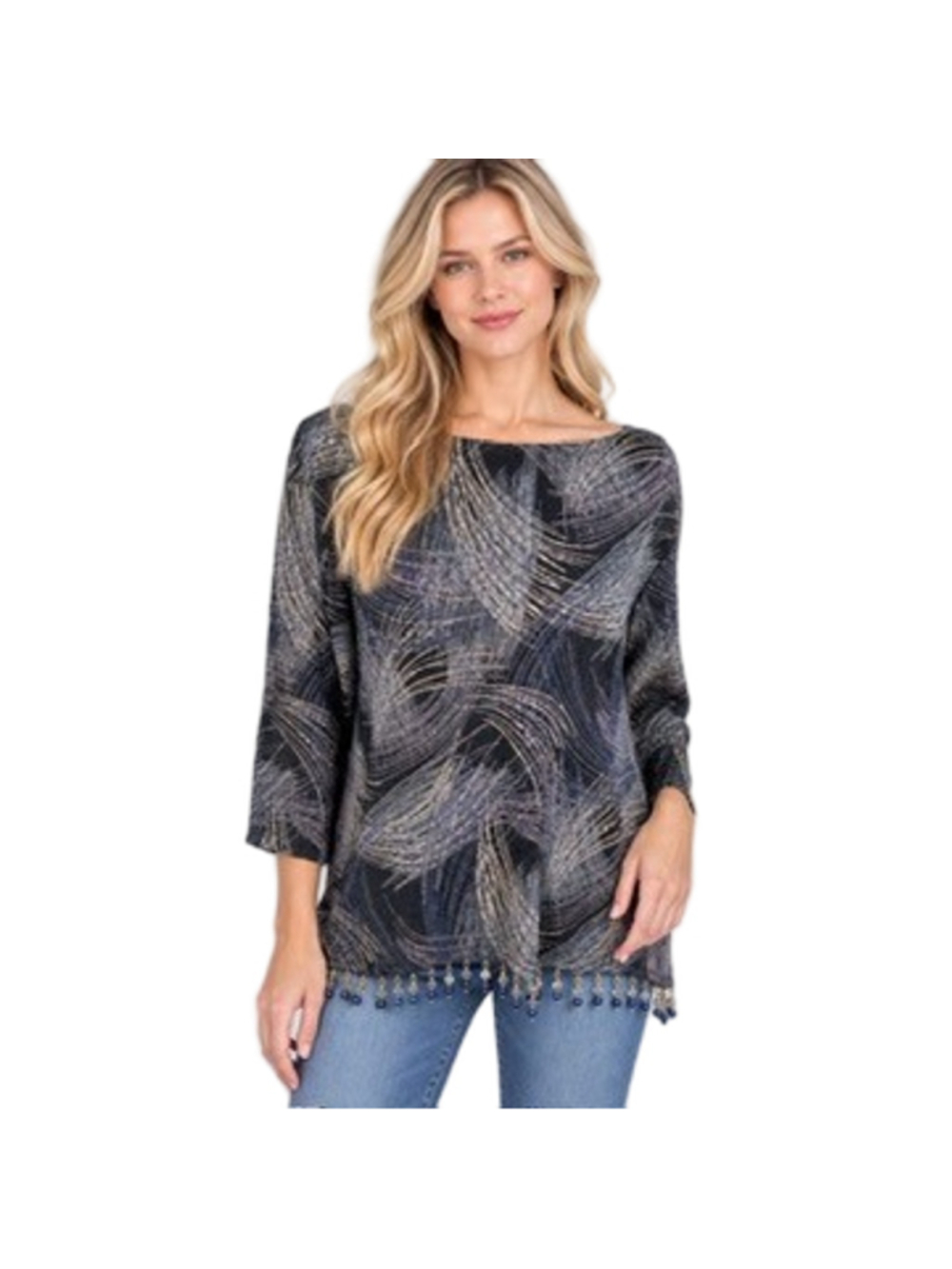Coldwater Creek Abstract Swirl Knit Tunic Top Beaded Fringe Hem 3/4 Slv Size 1X